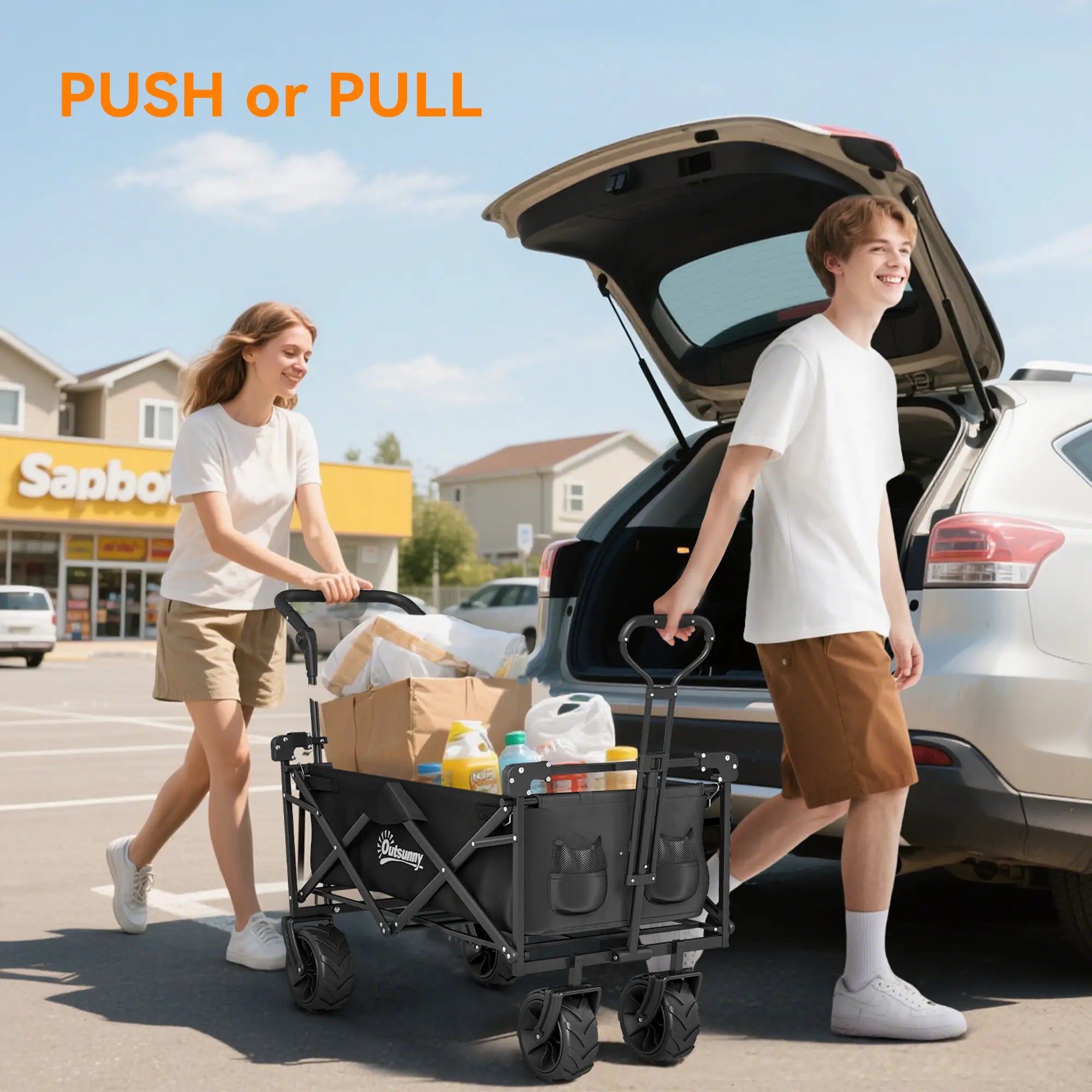 80L Folding Wagon Cart, Heavy-Duty Collapsible, Adjustable Handle, Black Folding Garden Carts at Gallery Canada