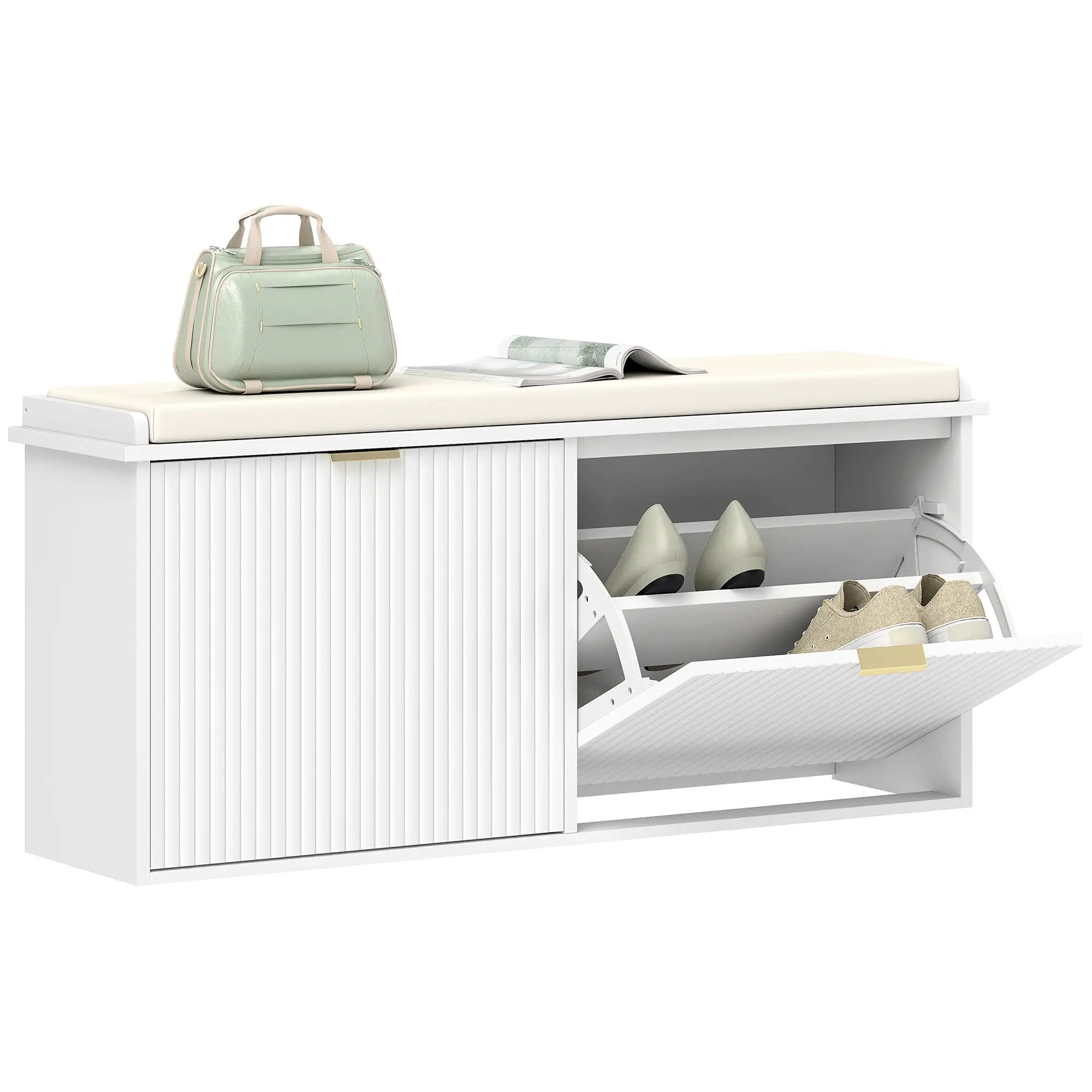 Entryway Bench with Padded Seat, Flip-Drawers, Holds 529lbs, White Shoe Storage Cabinets & Racks at Gallery Canada