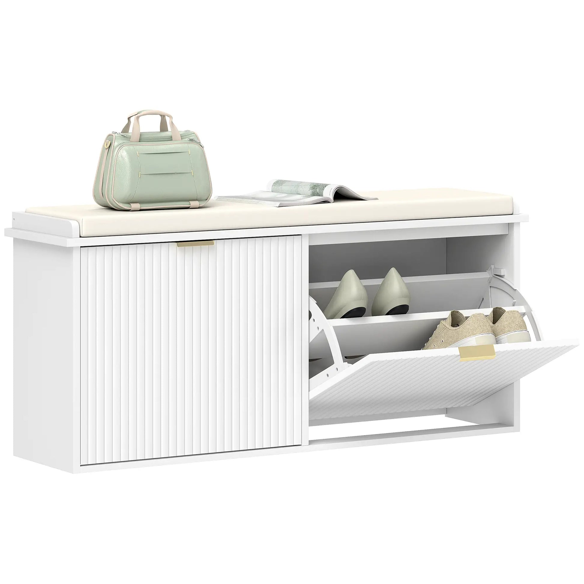 Entryway Bench with Padded Seat, Flip-Drawers, Holds 529lbs, White Shoe Storage Cabinets & Racks at Gallery Canada