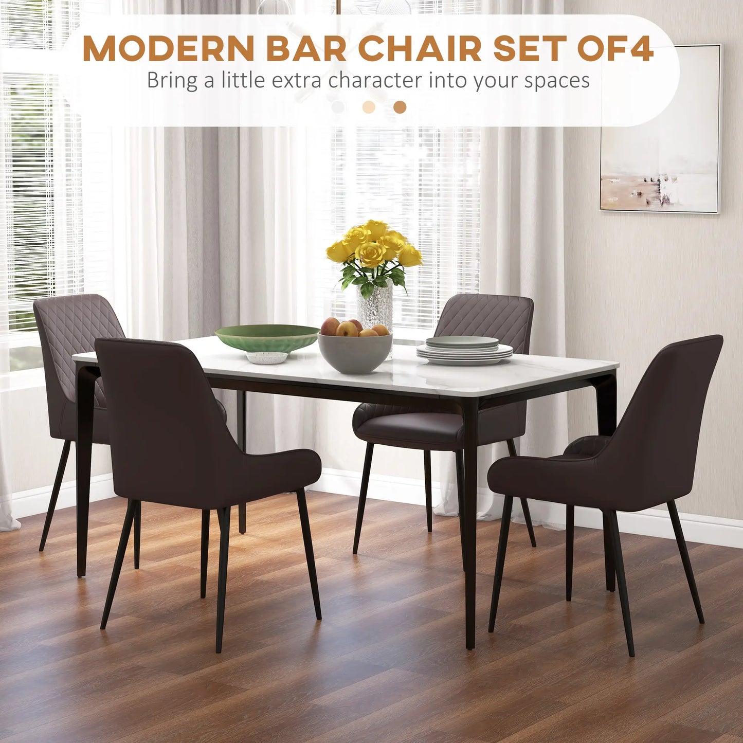 Upholstered Kitchen Chairs, Set of 4, Diamond Tufting, Steel Legs, Brown Bar Stools at Gallery Canada