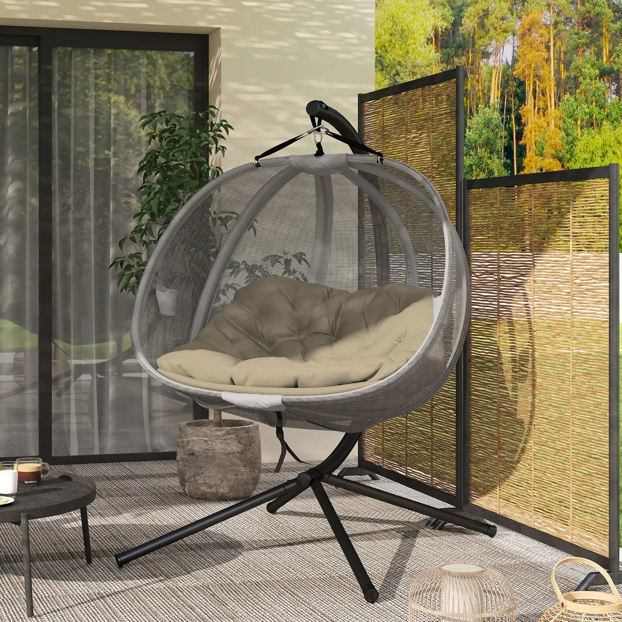 Double Egg Chair with Stand, 2 Person Hanging Swing, Khaki Patio Swings with Stand at Gallery Canada