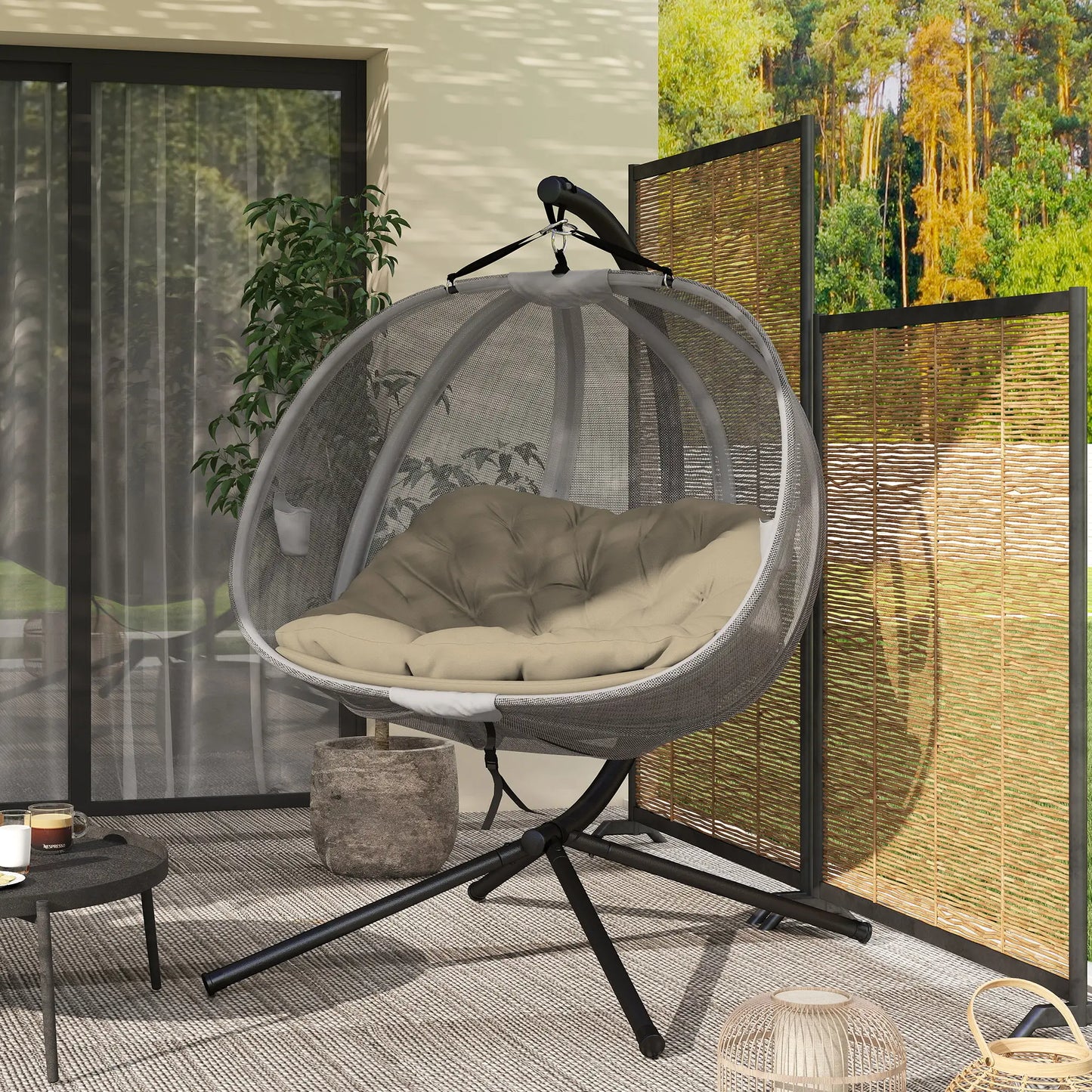 Double Egg Chair with Stand, 2 Person Hanging Swing, Khaki Patio Swings with Stand at Gallery Canada