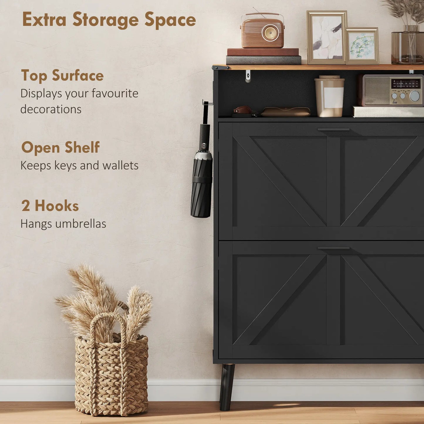 Shoe Storage Cabinet, 2 Flip Drawers, Farmhouse Narrow, Holds 16 Pairs, Black Shoe Storage Cabinets & Racks at Gallery Canada