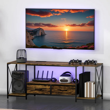 Industrial TV Stand For 55 Inch, Rustic Brown, Charging Station, RGB LED, Brown TV Stands at Gallery Canada