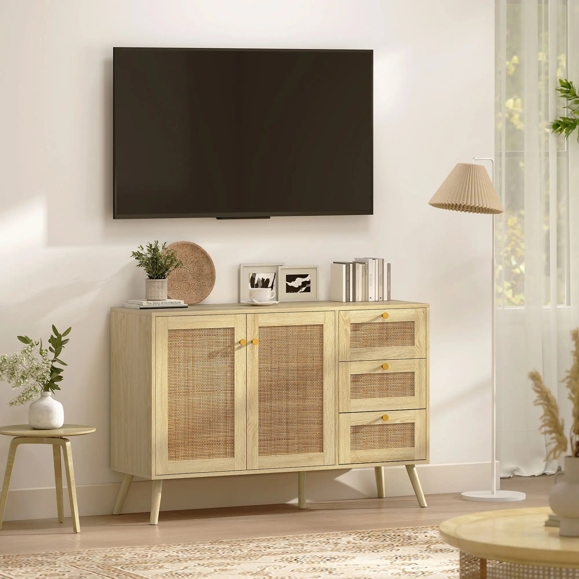 47 Inch Buffet Cabinet, Rattan Sideboard with Drawers, Natural Bar Cabinets at Gallery Canada