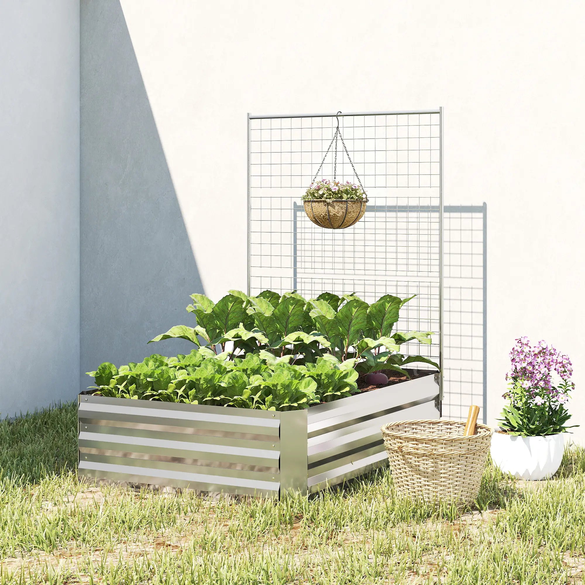 Galvanized Raised Garden Bed With Trellis, Planter Box, Open Bottom, Silver Galvanized Planter Boxes at Gallery Canada