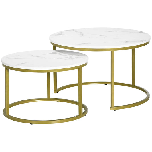 29" Round Nesting Tables, Set of 2, Modern Side Tables, White Coffee Tables White, Gold at Gallery Canada