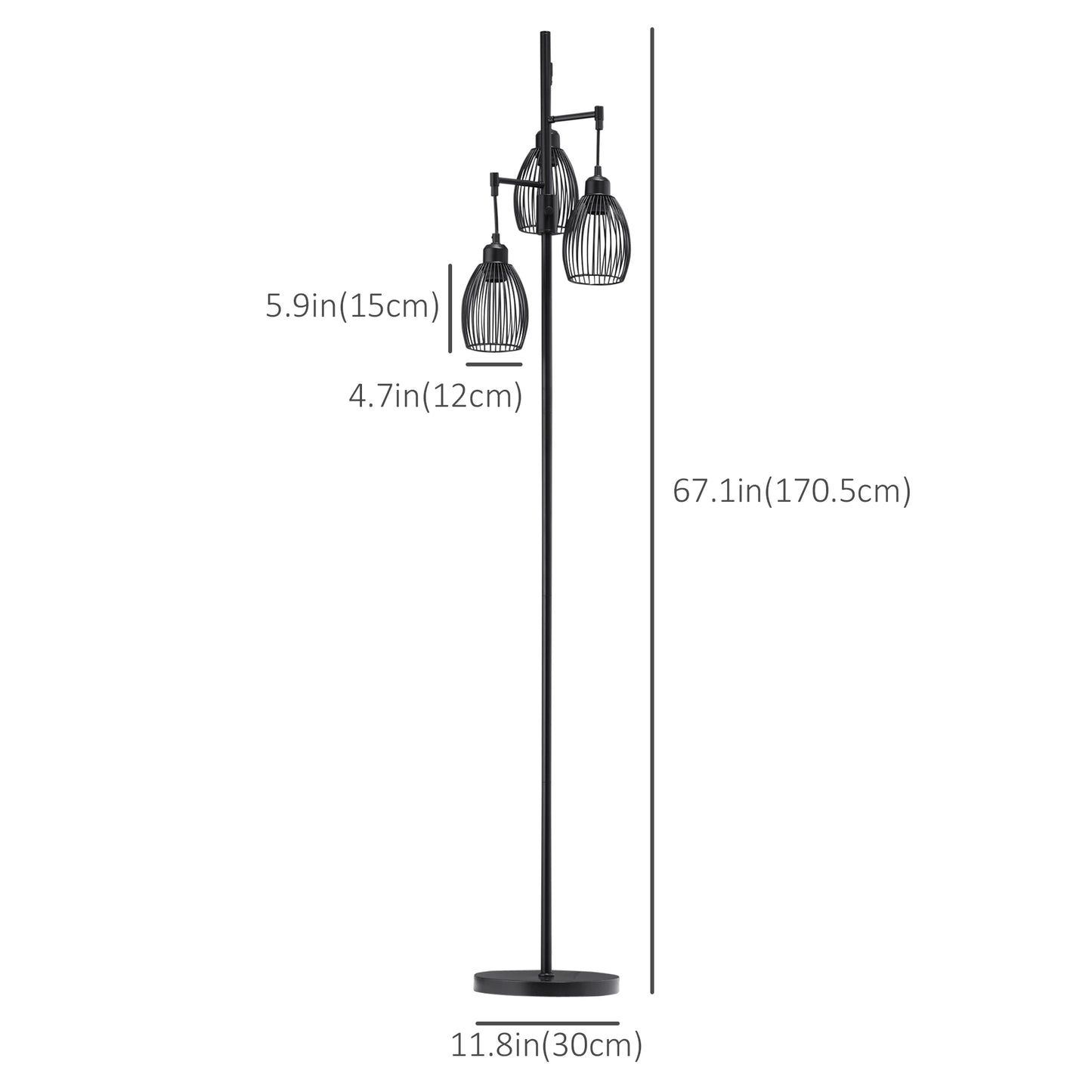 Industrial Floor Lamp, 3 Hanging Wire Lampshades, Dimmable, Black Floor Lamps & Ceiling Fan Lights at Gallery Canada