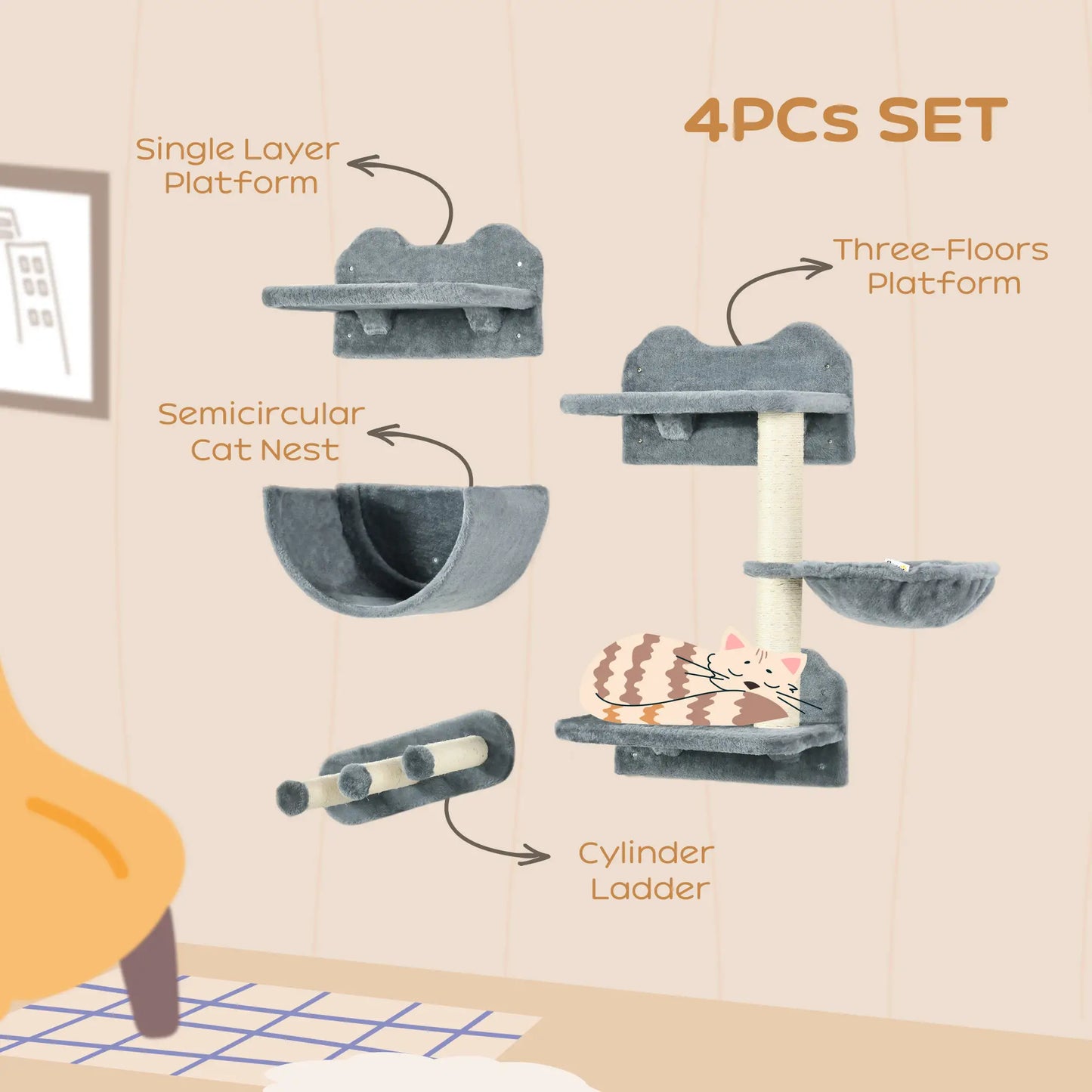 Cat Wall Shelves, 3PCs with Hammock, Scratching Post, Grey Cat Climbing Wall at Gallery Canada
