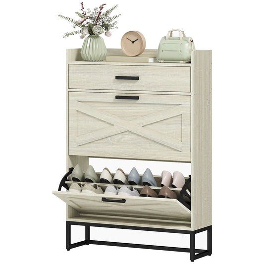 Slim Shoe Storage, 2 Flip Drawers, Adjustable Shelves, 12 Pair, Distressed, White Shoe Storage Cabinets & Racks Distressed White at Gallery Canada