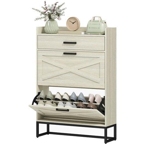 Slim Shoe Storage, 2 Flip Drawers, Adjustable Shelves, 12 Pair, Distressed, White