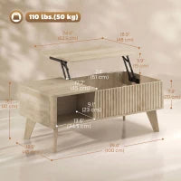 Table basse relevable cannelée de 40 pouces, rangement, chêne