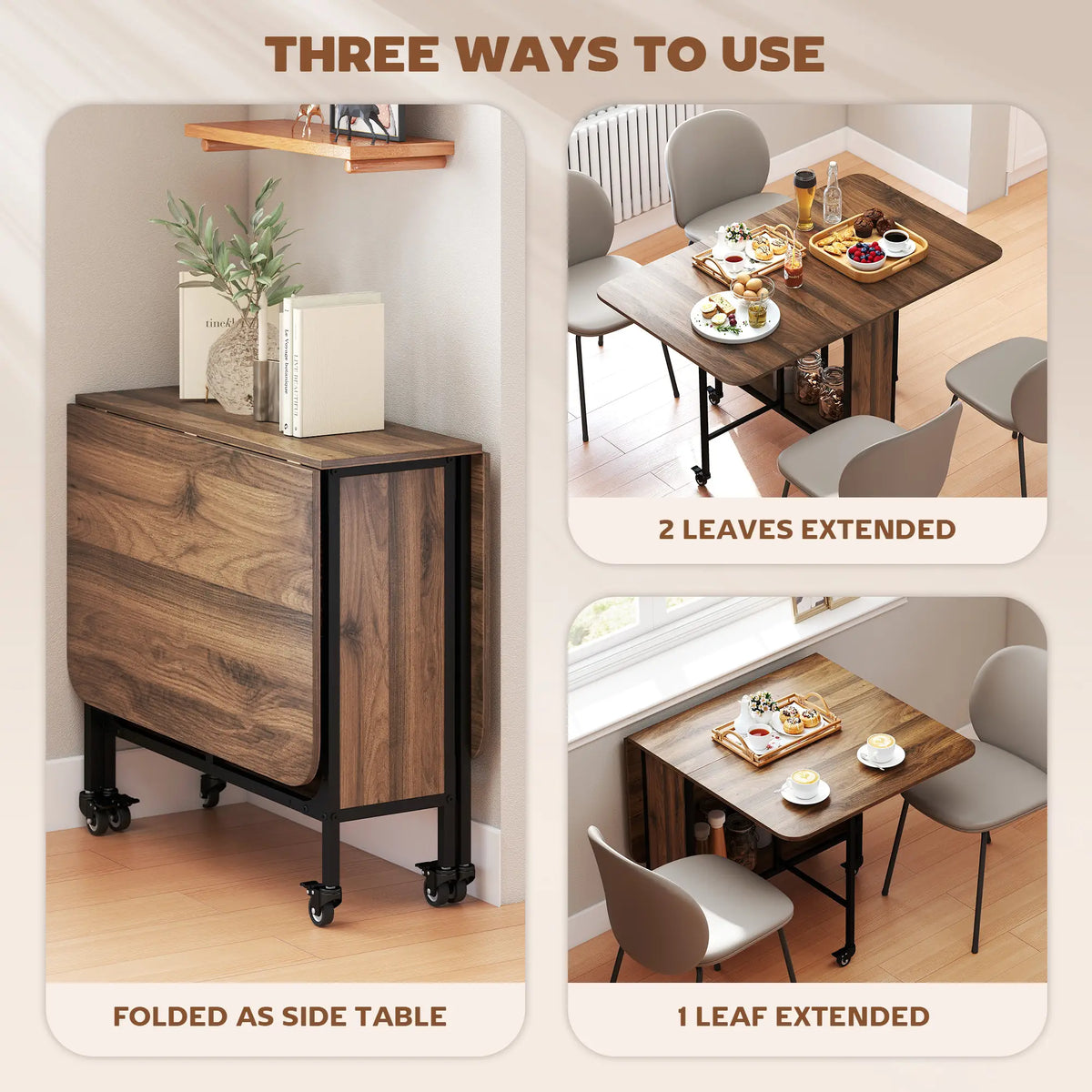 Folding Dining Table, Extendable Kitchen Table, 6 Wheels, Light Brown Bar Tables & Dining Tables at Gallery Canada