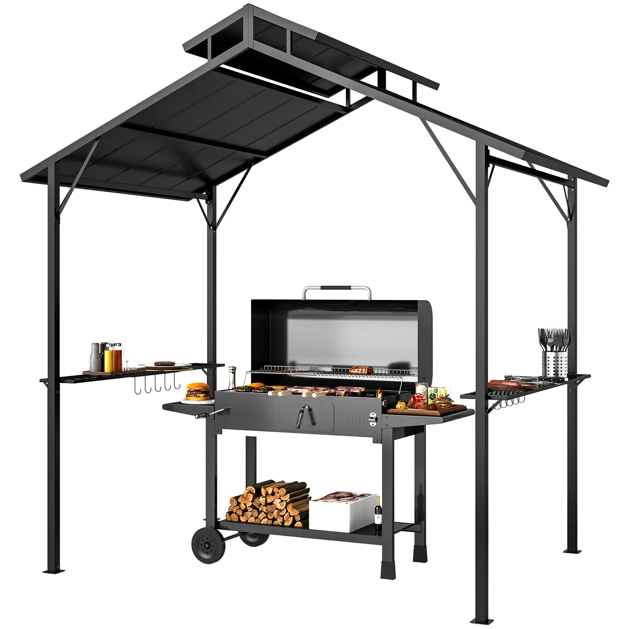 8 x 5ft Hardtop Grill Gazebo, Double Metal Roof, 2 Side Shelves, 10 Hooks BBQ Grill Gazebos Black at Gallery Canada