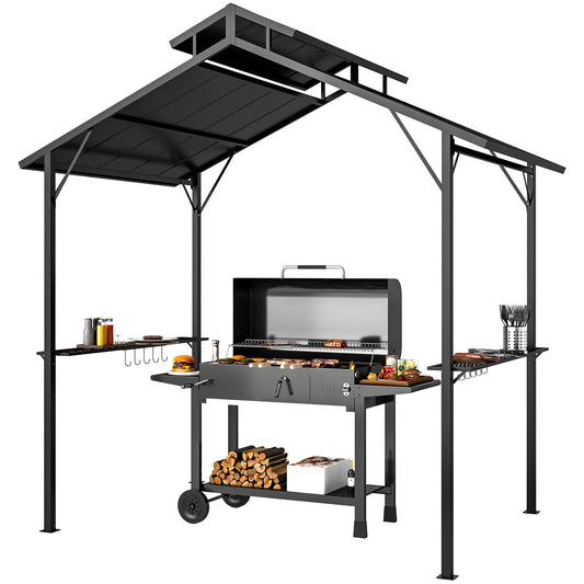 8 x 5ft Hardtop Grill Gazebo, Double Metal Roof, 2 Side Shelves, 10 Hooks BBQ Grill Gazebos Black at Gallery Canada