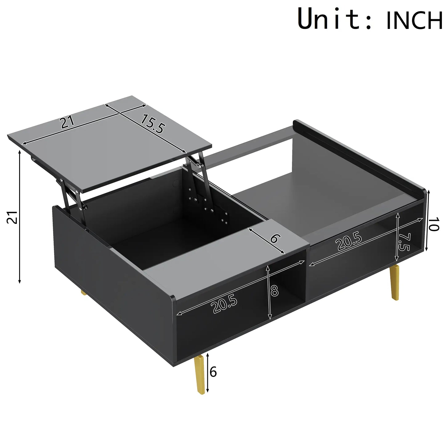 LED Coffee Table, Glass Top, Adjustable Height, Storage, 43.5" L x 21.5" W x 15.5" H, Black Coffee Tables at Gallery Canada