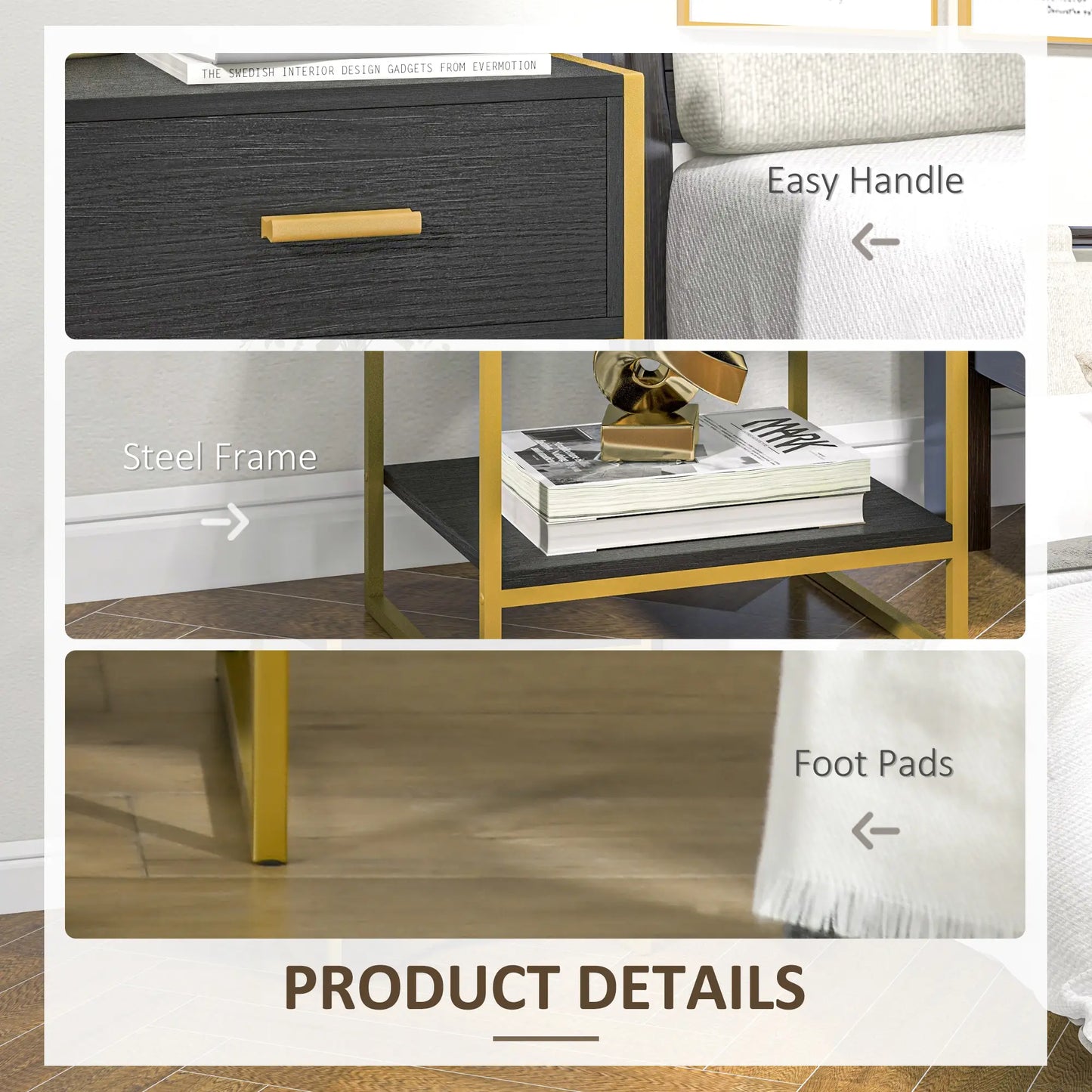 Modern Nightstand Set of 2, Small with Drawer, Shelf, Steel Frame, Black