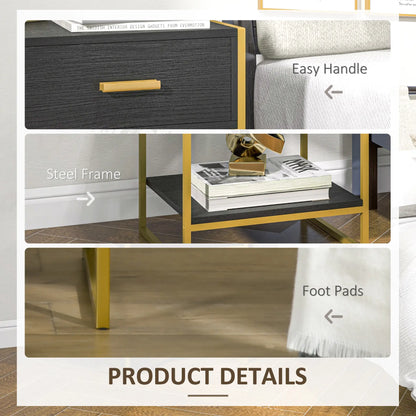 Modern Nightstand Set of 2, Small with Drawer, Shelf, Steel Frame, Black