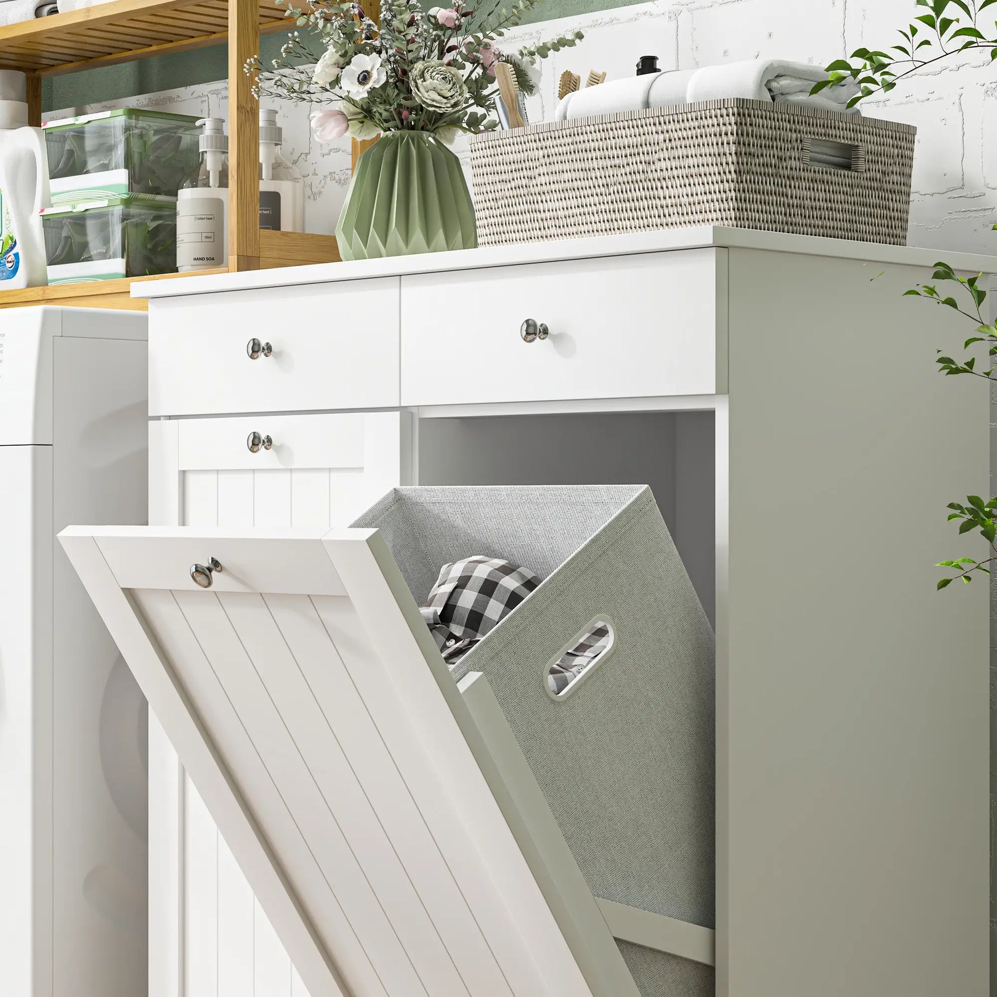 Laundry Cabinet, Tilt Out Hamper with 2 Baskets, 2 Drawers, White Bathroom Cabinets at Gallery Canada