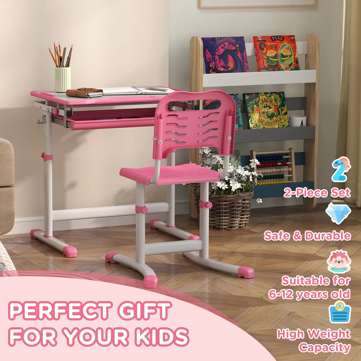 Adjustable Study Table, Chair Set with Drawer, Pink Kids Desk Sets at Gallery Canada