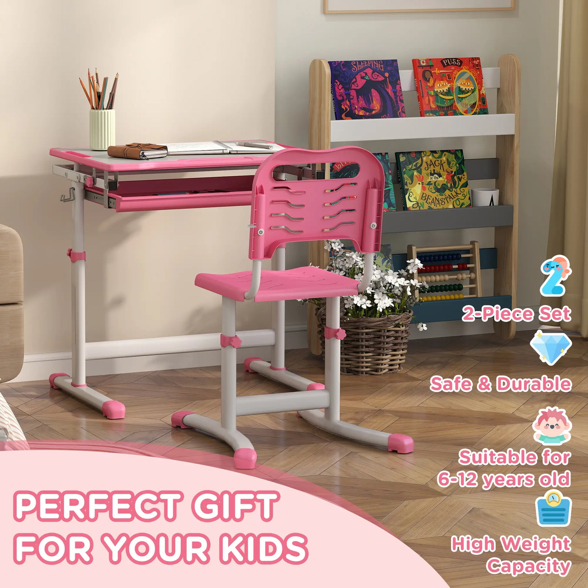 Adjustable Study Table, Chair Set with Drawer, Pink Kids Desk Sets at Gallery Canada