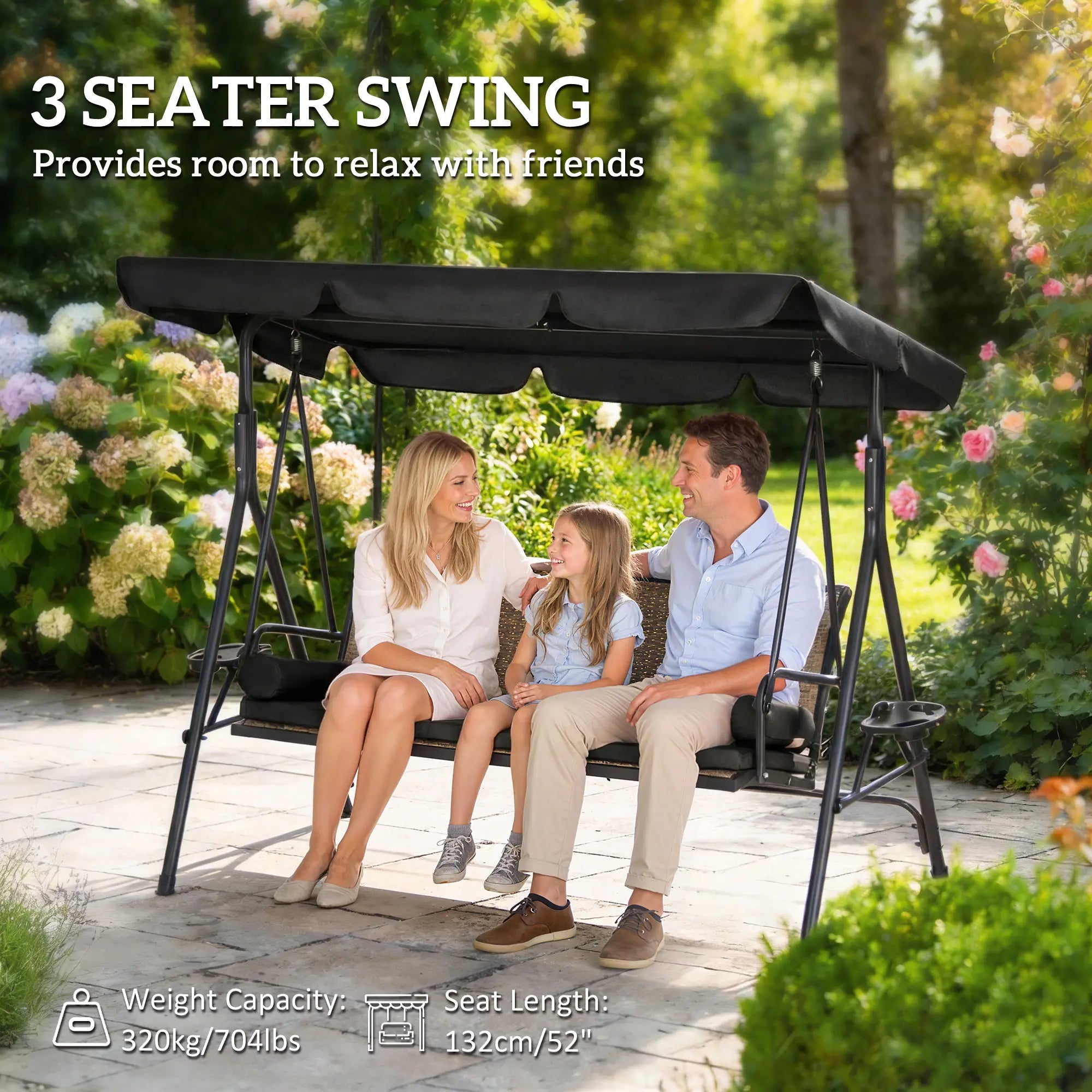 Outdoor 3-Seat Porch Swing, Rattan Seat, Removable Cushion Patio Swings with Stand at Gallery Canada