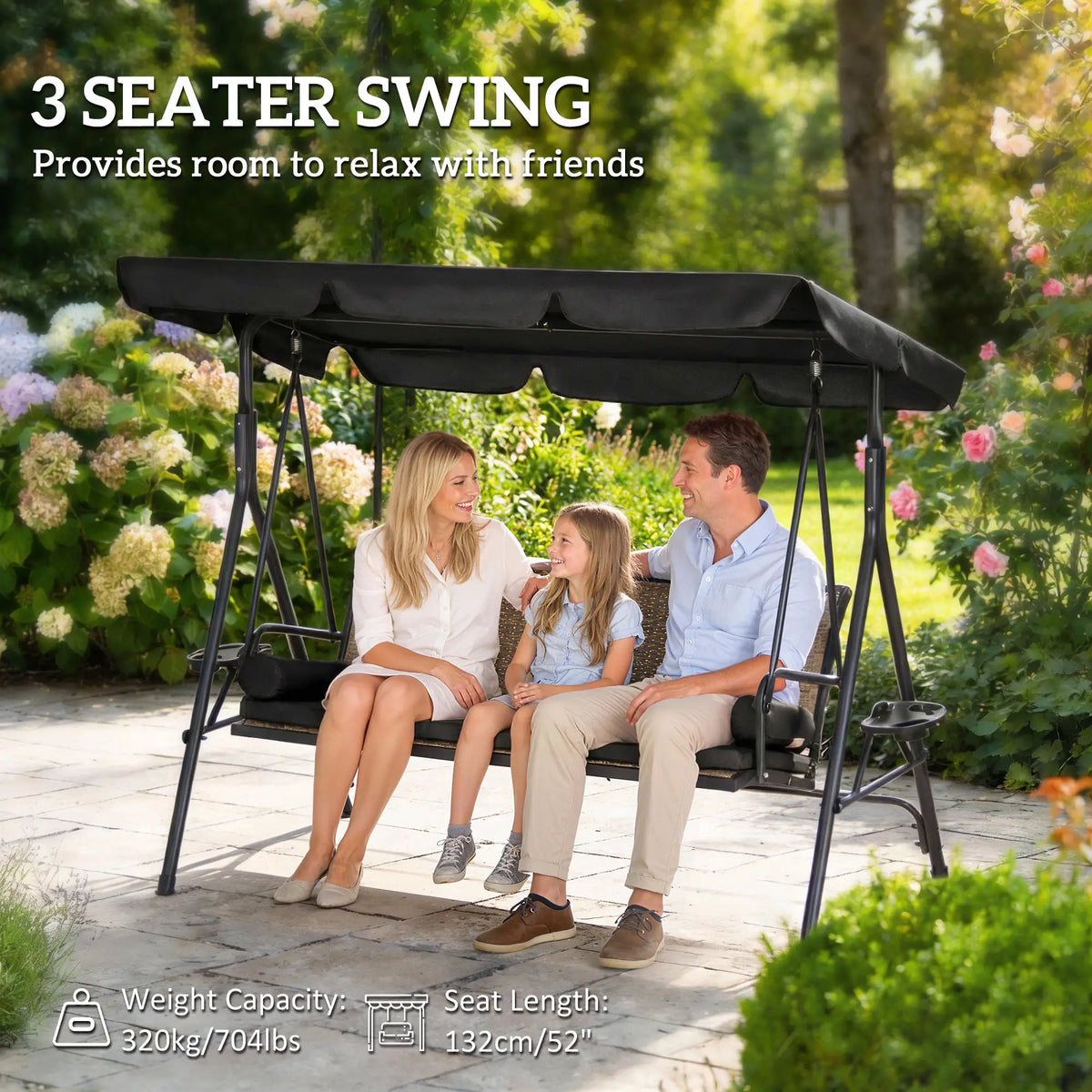 Outdoor 3-Seat Porch Swing, Rattan Seat, Removable Cushion Patio Swings with Stand at Gallery Canada