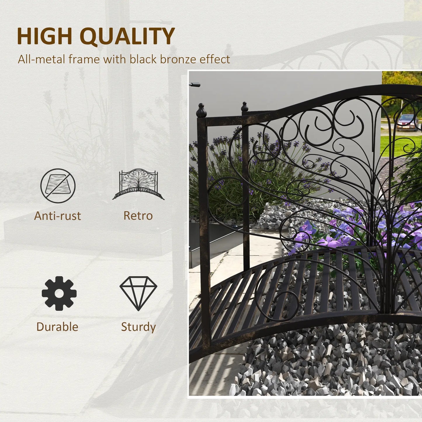 4FT Metal Garden Bridge, Decorative Arc, Guardrails, Black Bronze Garden Bridges at Gallery Canada