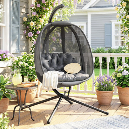 Hanging Egg Chair, Outdoor Swing with Stand, Folding Basket, Grey