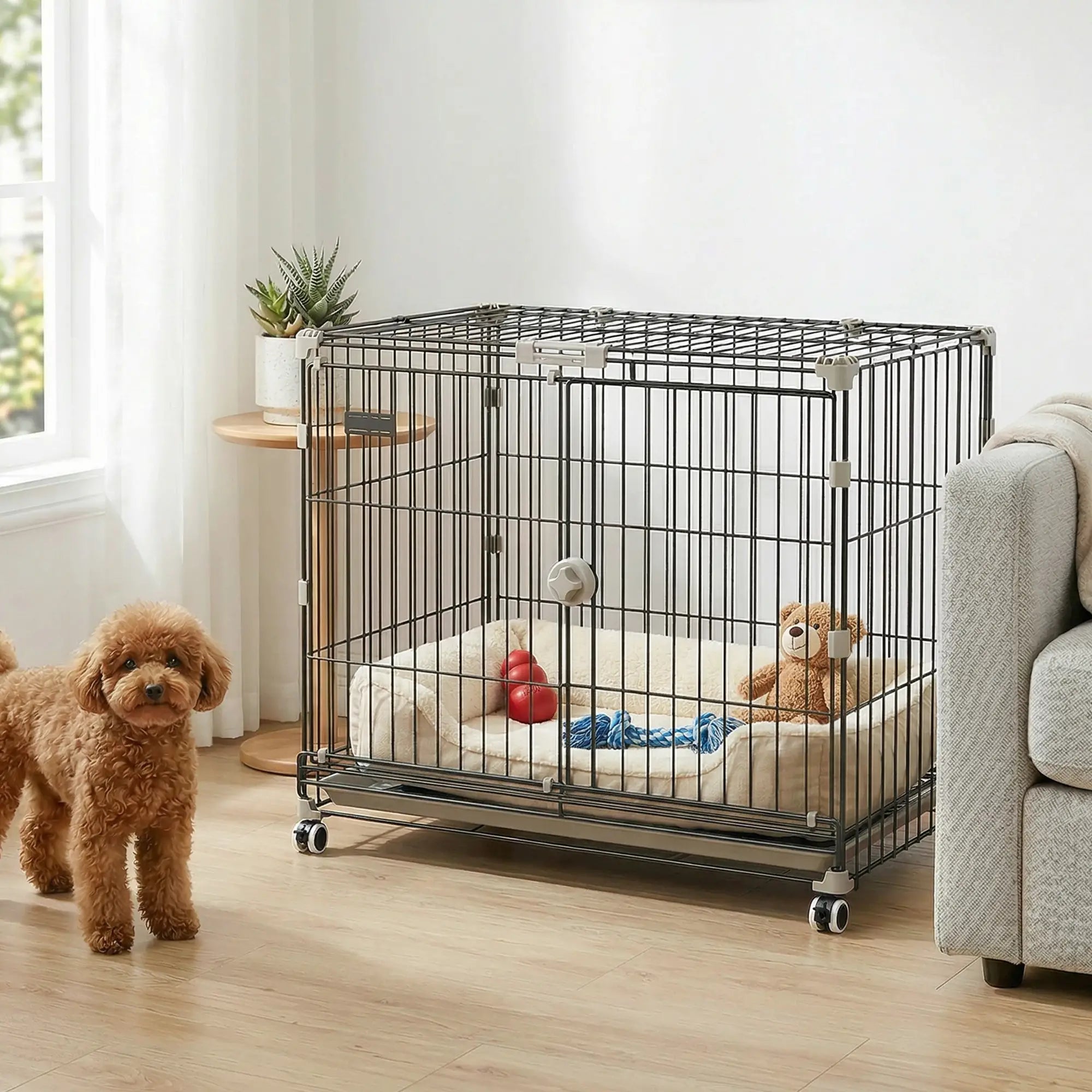 30 Inch Foldable Dog Crate, Metal Cage with Tray & Wheels, Black Dog Cages & Crates at Gallery Canada