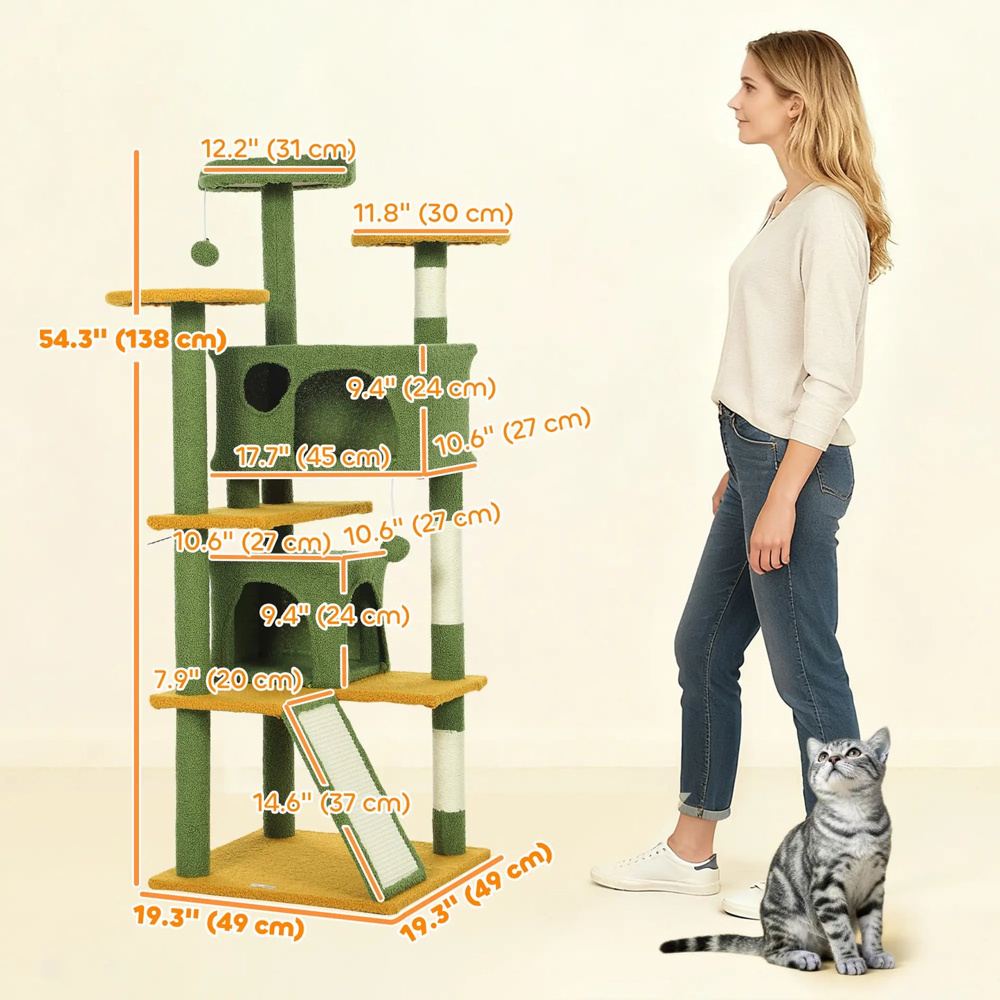 54" Cat Tree, Multi-Level Tower With Scratching Posts, Condos, Bed, Green