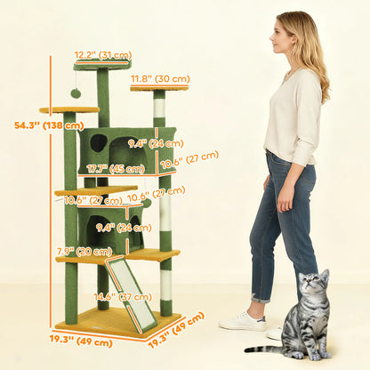 54" Cat Tree, Multi-Level Tower With Scratching Posts, Condos, Bed, Green