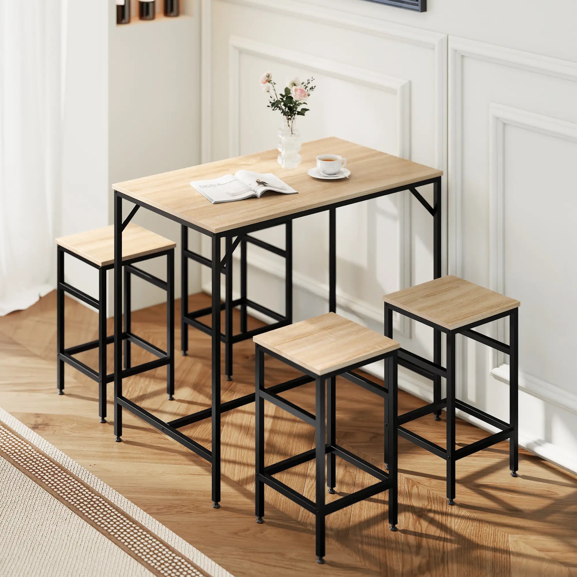 5-Piece Industrial Rectangular Bar Table Set, 4 Stools, Oak Bar Sets at Gallery Canada