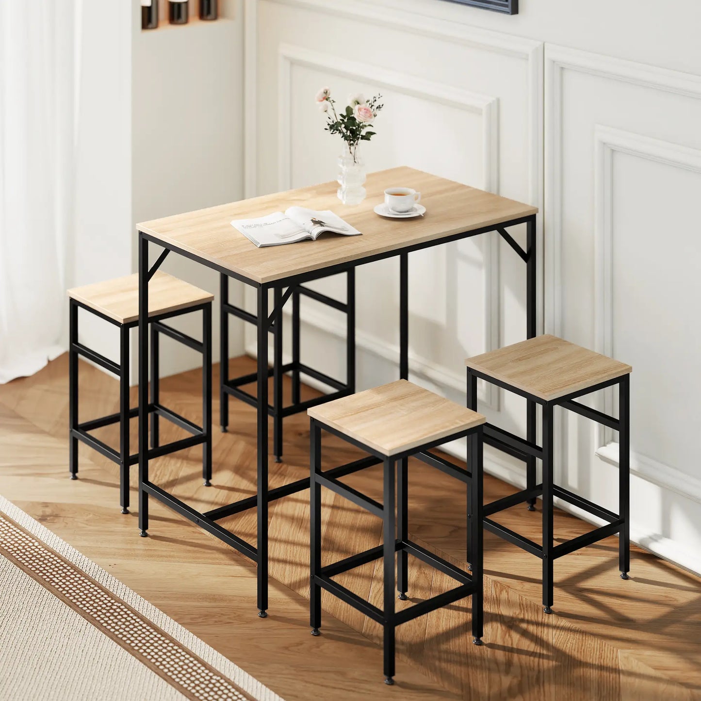 5-Piece Industrial Rectangular Bar Table Set, 4 Stools, Oak Bar Sets at Gallery Canada