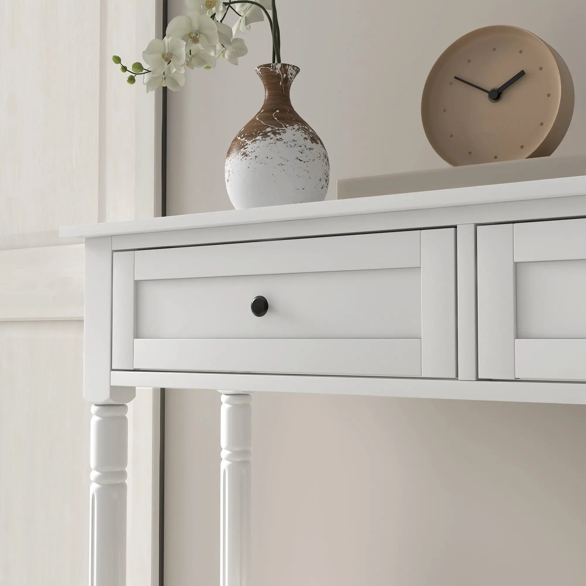Modern Hallway Console Table, 2 Drawers, Storage Shelf, Turned Legs, White Console Tables at Gallery Canada