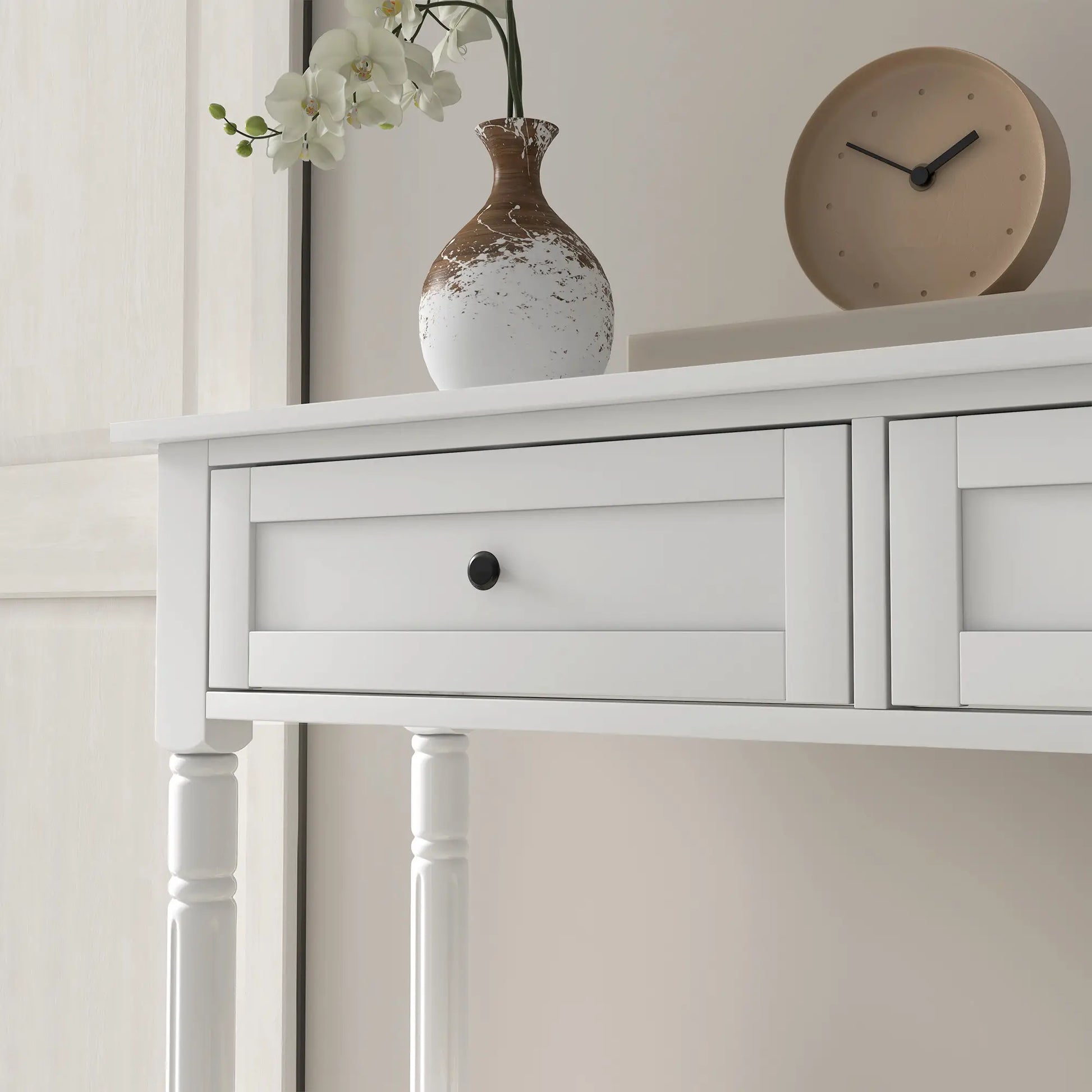 Modern Hallway Console Table, 2 Drawers, Storage Shelf, Turned Legs, White Console Tables at Gallery Canada