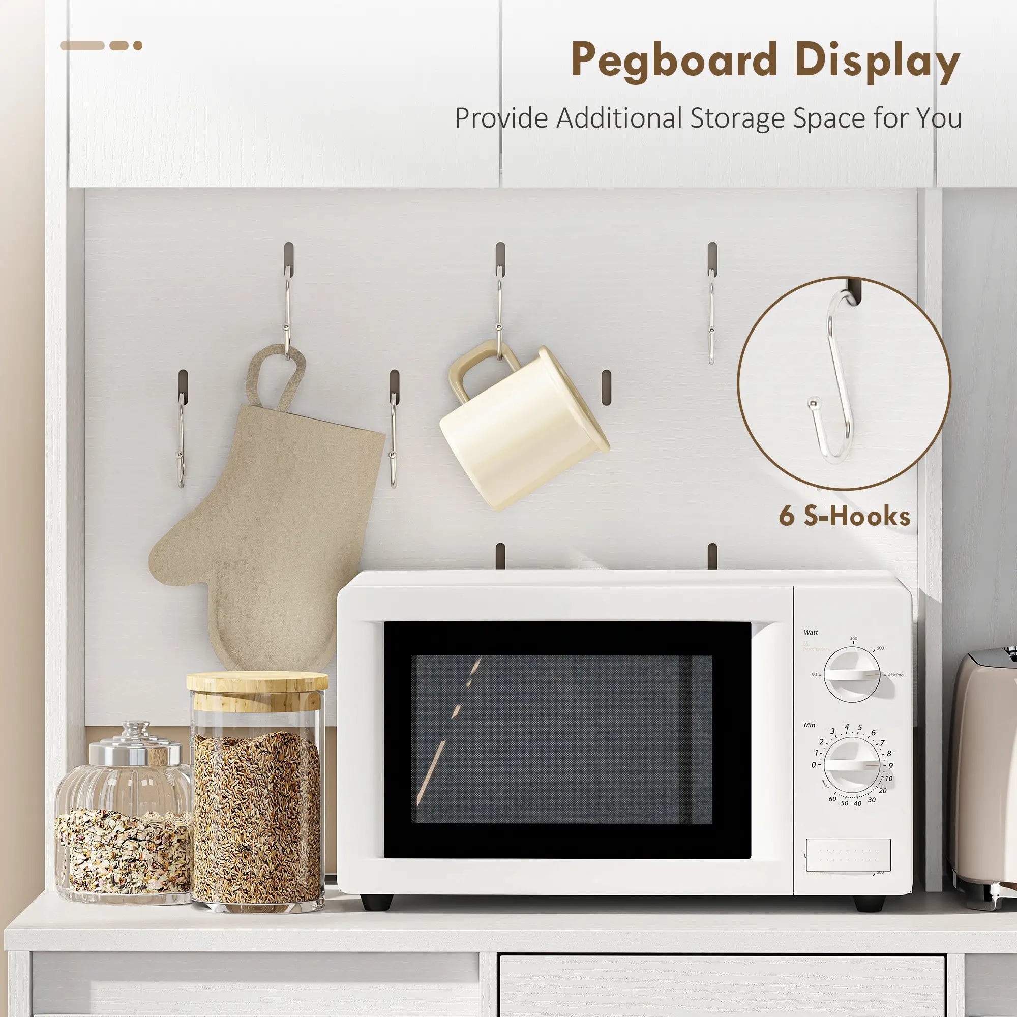 71 Inch Pantry Cabinet with Charging Station, Microwave Stand, Pegboard, White Kitchen Pantry Cabinets at Gallery Canada