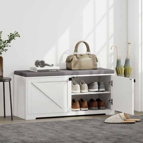 Shoe Storage Bench with Padded Seat, 8 Pairs, White Wood Grain, White