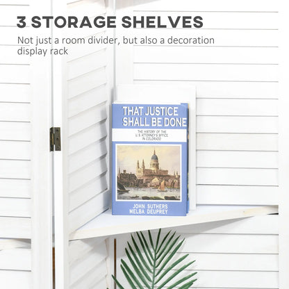 4-Panel Wall Partition, 3 Storage Shelves, Foldable, Wooden Frame, 5.6FT, White Room Dividers at Gallery Canada