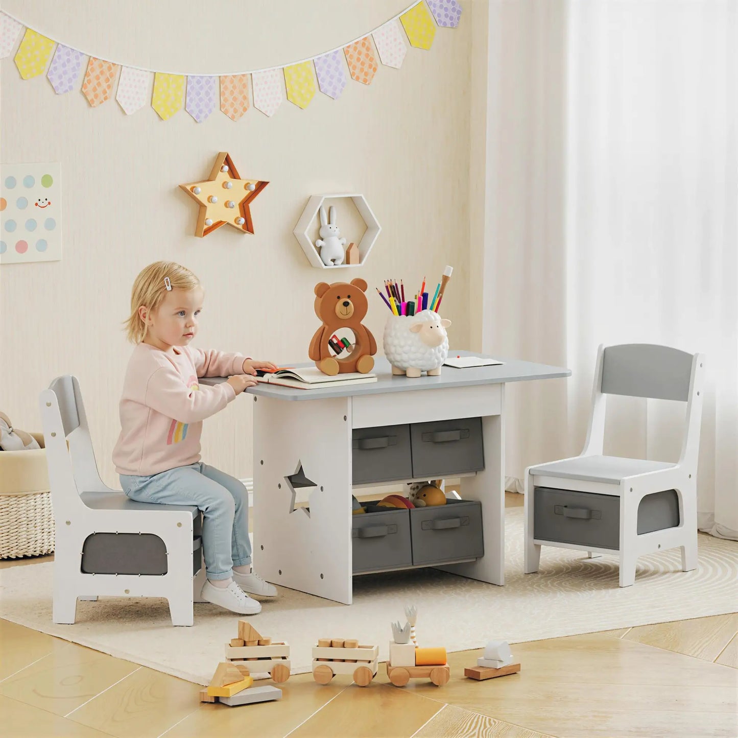 3 Piece Kids Table and Chair Set, 6 Removable Drawers, Light Grey Kids Table Sets at Gallery Canada