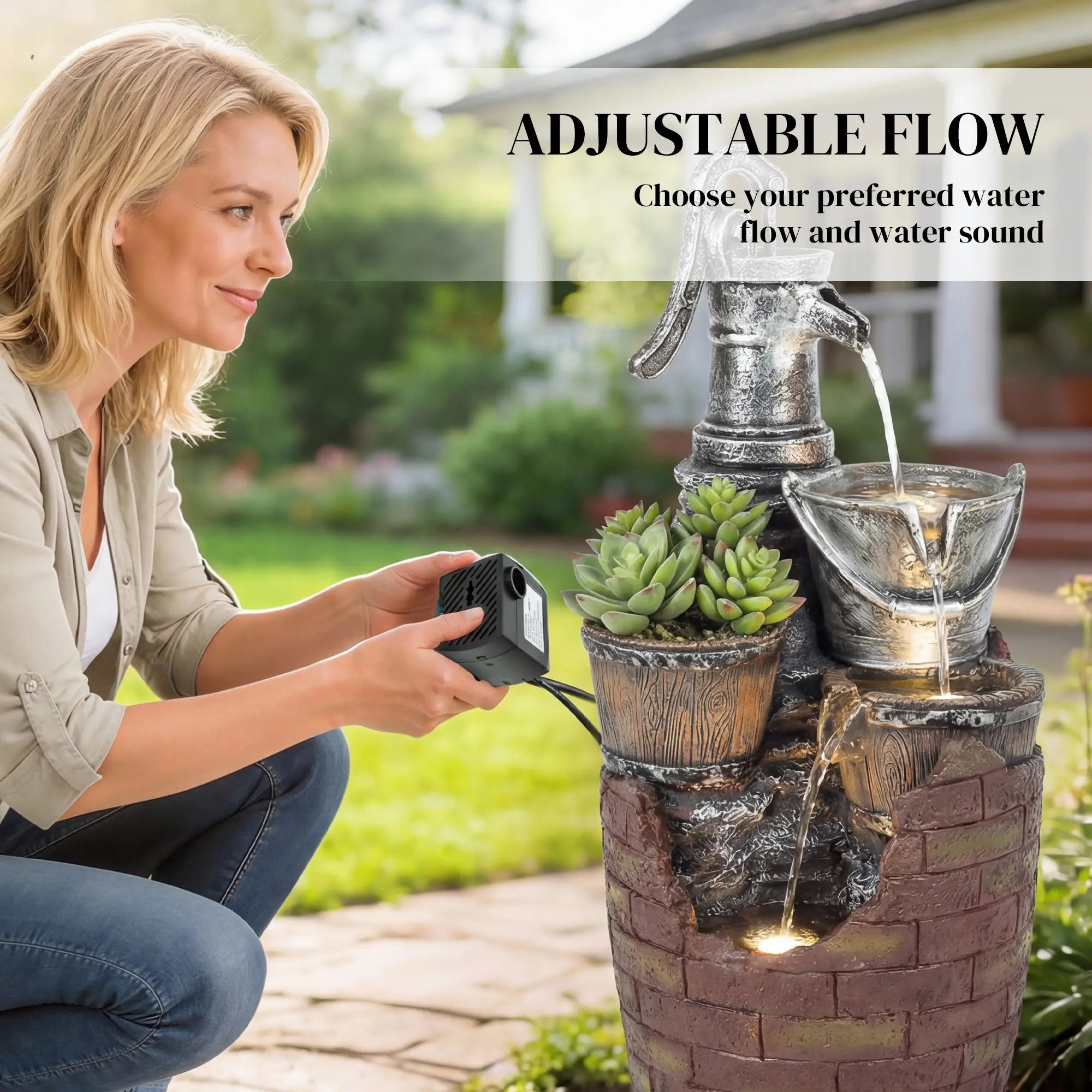 4-Tier Outdoor Fountain With Planter, Cascading Waterfall, LED Lights, Rustic Brown And Grey Water Fountains at Gallery Canada