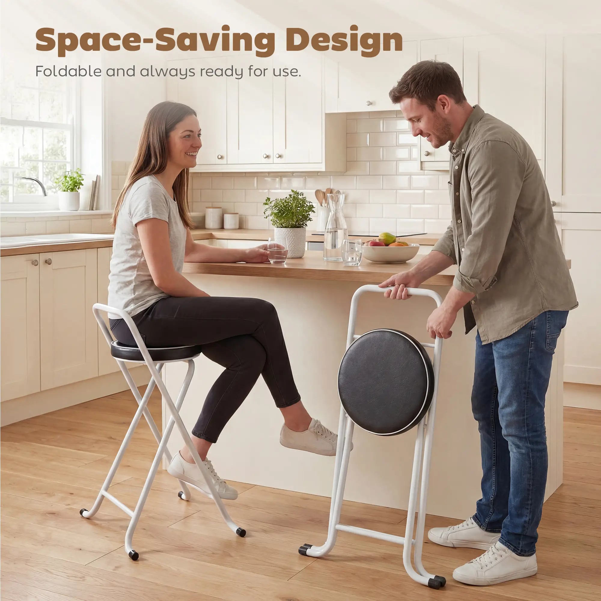 Foldable Bar Stools Set Of 2, PU Cushioned Seat, Footrest, Black Bar Stools at Gallery Canada