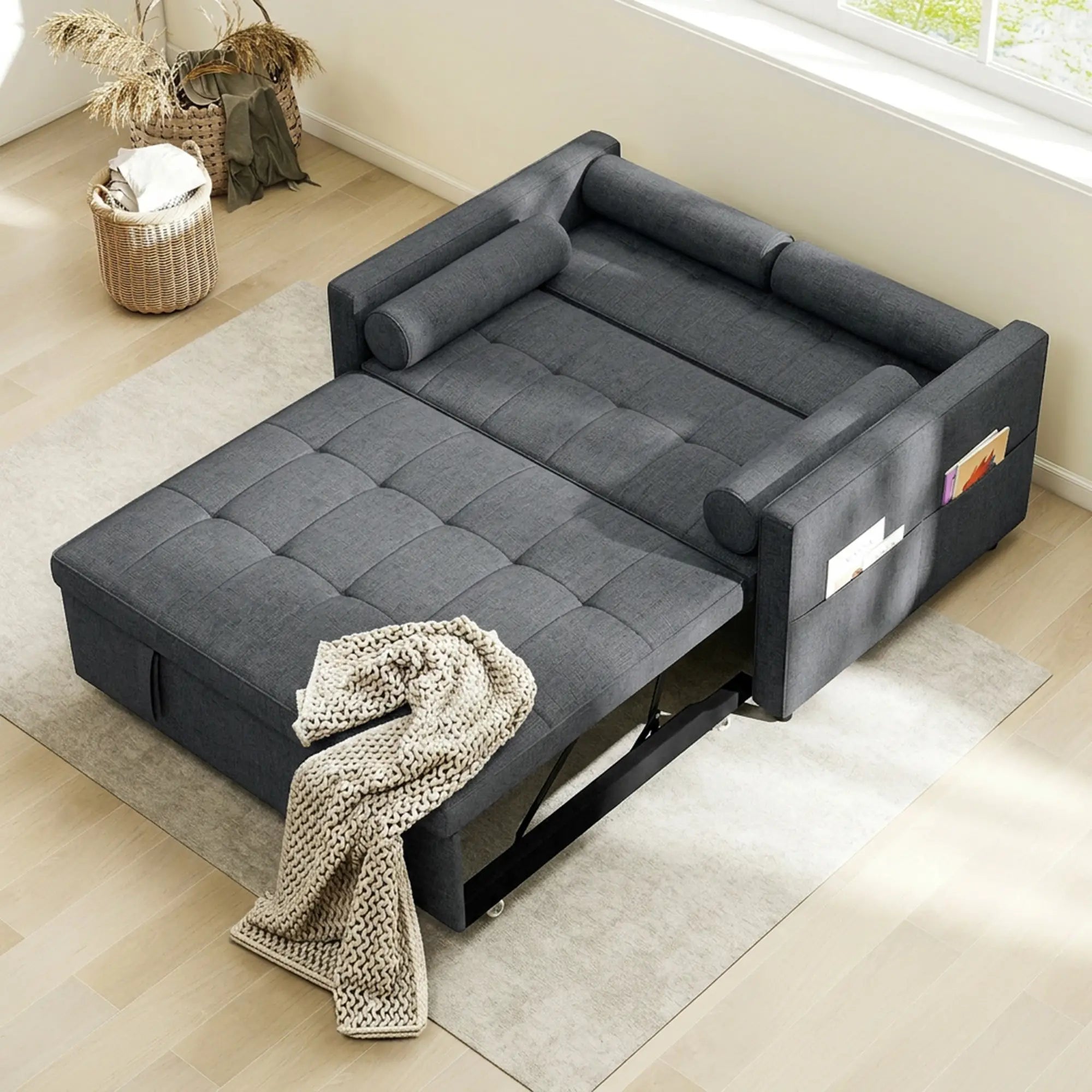 Pull Out Sofa Bed With USB Ports, Linen Loveseat Futon, Dark Grey 2-Seater Sofas at Gallery Canada