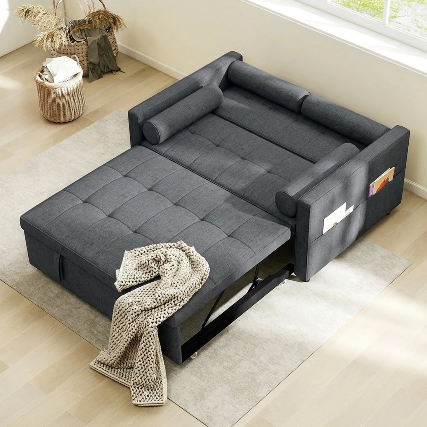 Pull Out Sofa Bed With USB Ports, Linen Loveseat Futon, Dark Grey 2-Seater Sofas at Gallery Canada