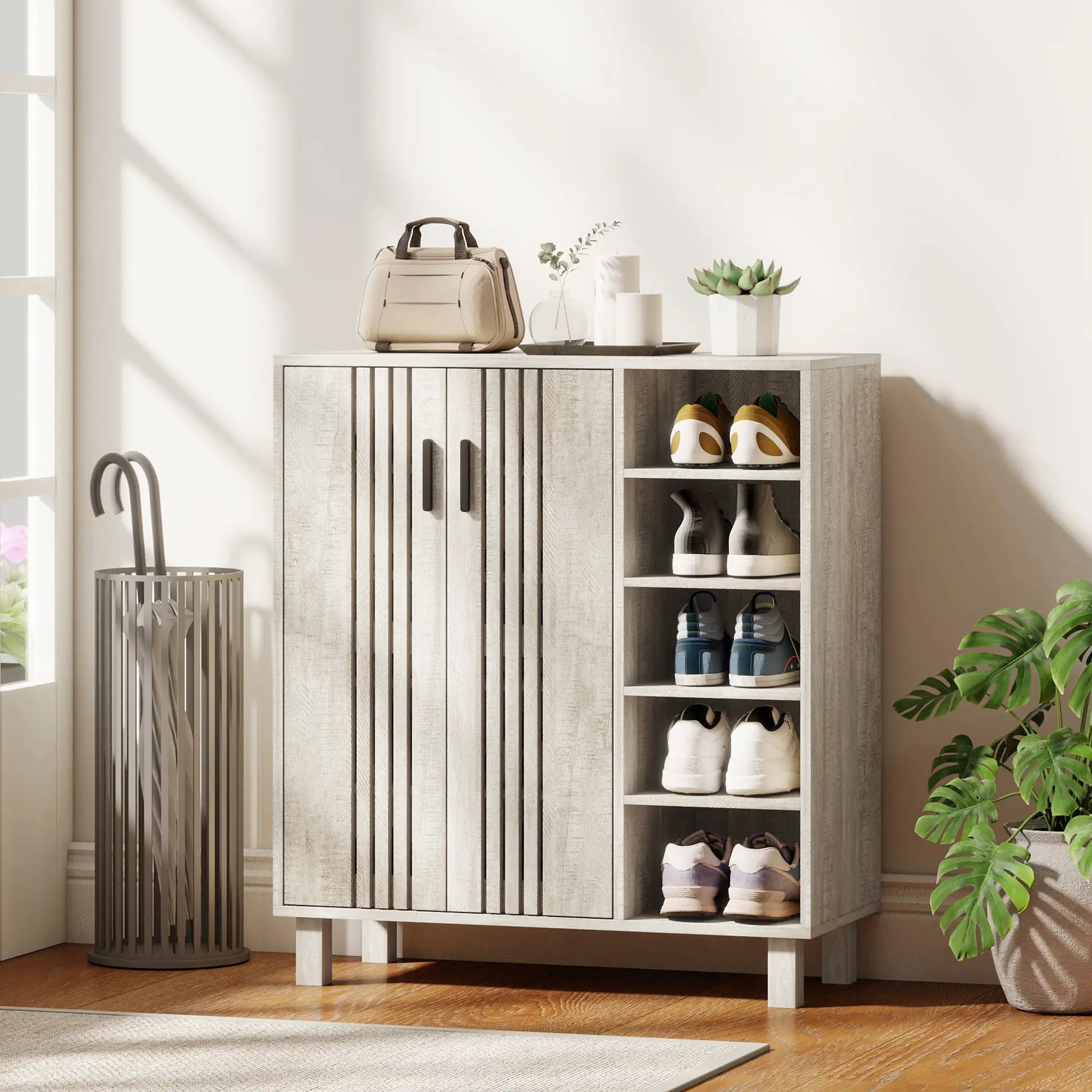 Shoe Storage with Double Doors, Open Shelves, 17 Pair, Light Grey Shoe Storage Cabinets & Racks at Gallery Canada