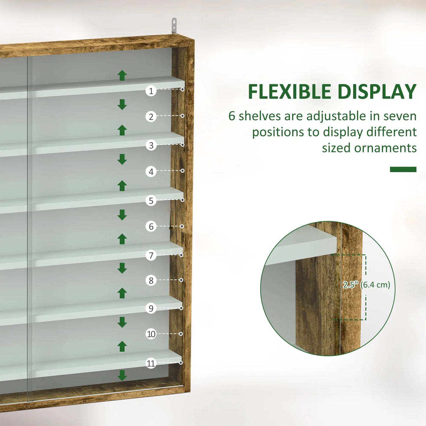 7-Tier Glass Curio Cabinet, 2 Glass Doors, 6 Adjustable Shelves, Rustic Brown Display Bookshelves at Gallery Canada