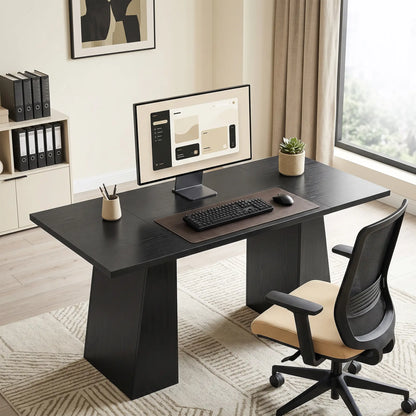 Bureau d'ordinateur de 63 pouces, cadre trapézoïdal, grain de bois noir clair, noir clair