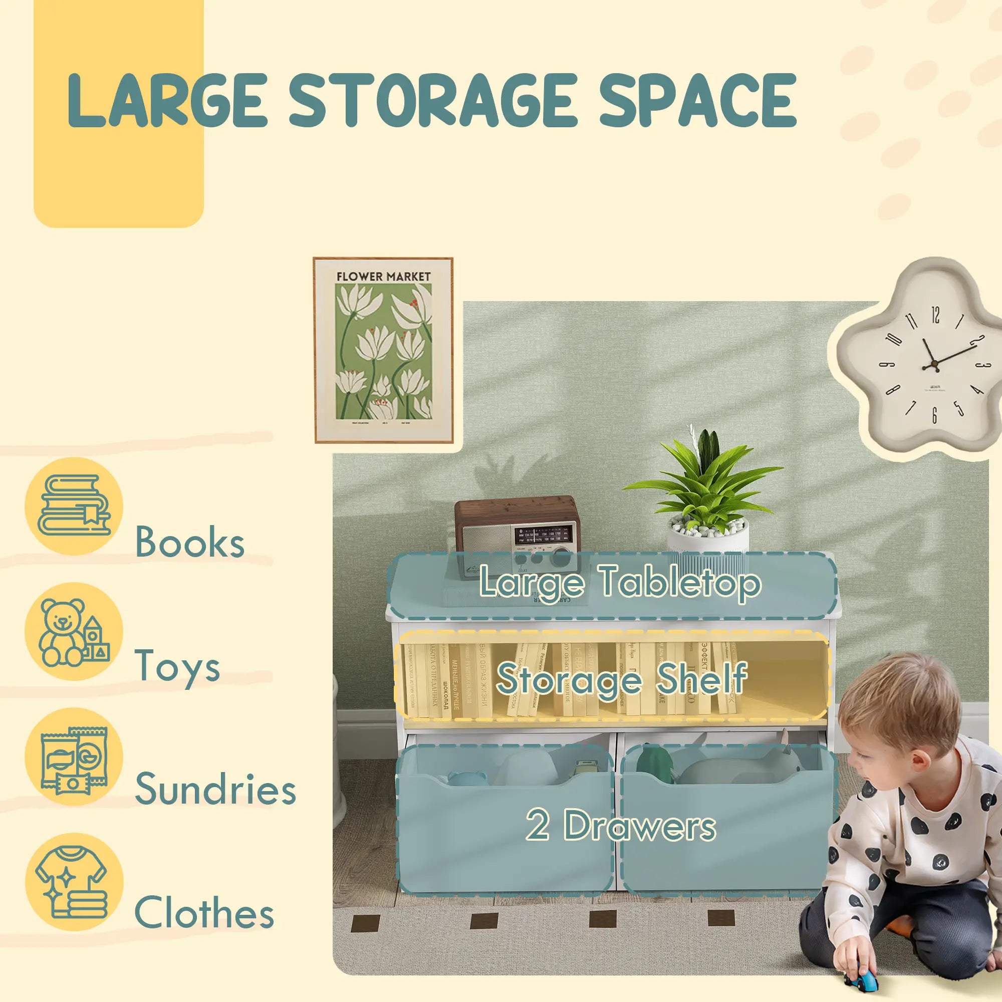 Kids Bookshelf with 2 Drawers, Large Tabletop Shelf, White Baby & Kids Storage at Gallery Canada