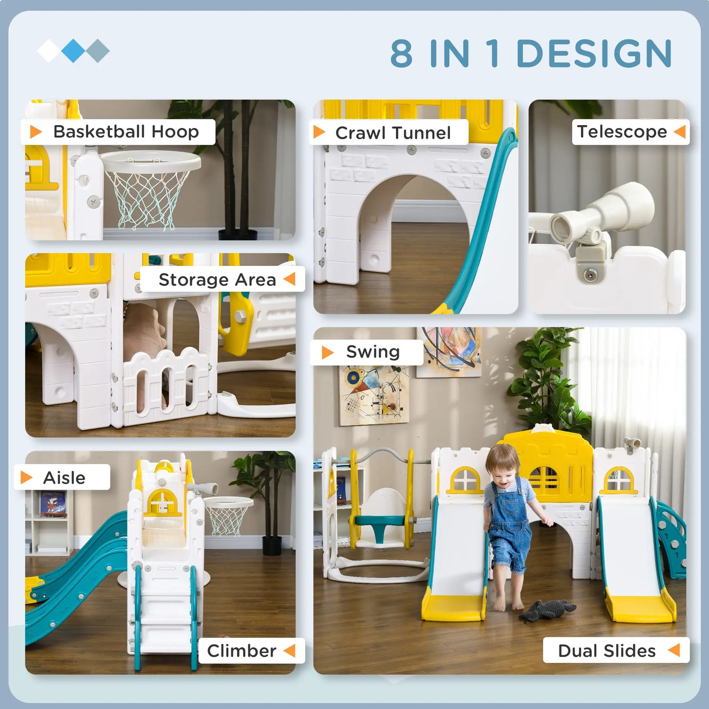 8 in 1 Slide Swing Set, Baby Swing with Basketball Hoop, Climber, Steering Wheel, Ages 1-3, Yellow Gym Sets & Swings at Gallery Canada