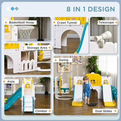 8 in 1 Slide Swing Set, Baby Swing with Basketball Hoop, Climber, Steering Wheel, Ages 1-3, Yellow Gym Sets & Swings at Gallery Canada